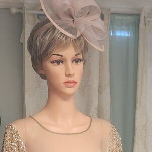 Adrianna Papell Champagne Gold Hand-beaded Illusion Long Gown with hat